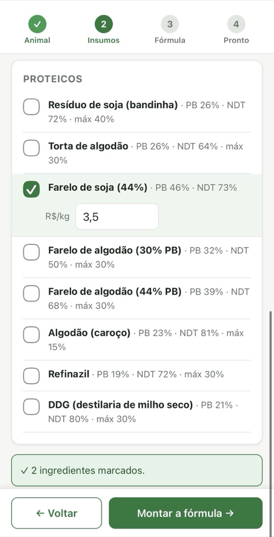 Tela da Calculadora Fórmula do Boi no passo 2, marcando os ingredientes disponíveis e os preços