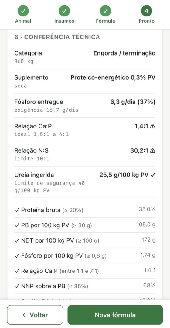 Tela da Calculadora Fórmula do Boi no passo 4, com a conferência técnica da fórmula